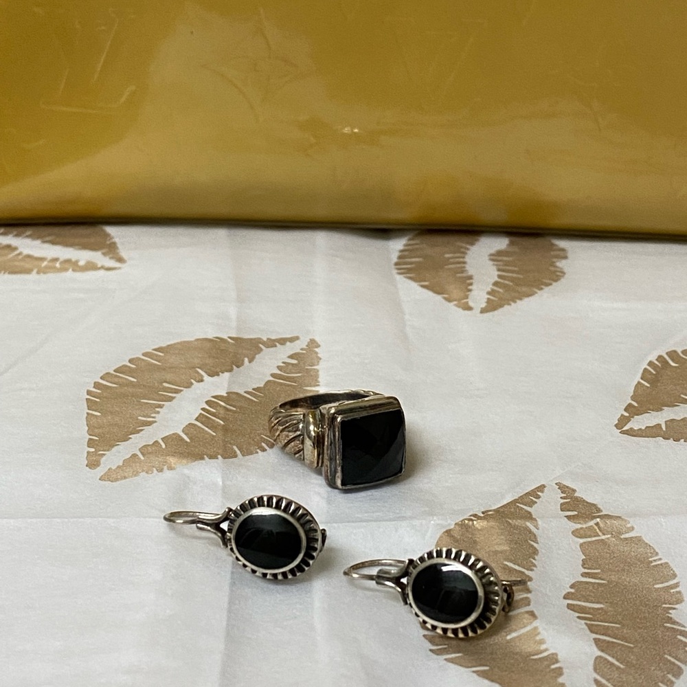 Onyx Black Jewelry Set Sterling Silver 925 Ring & Earrings